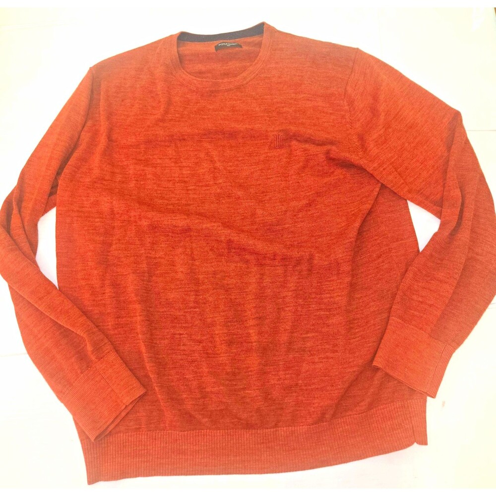 Bruun & Stengade Men 2XL Orange Knit Crew Neck Embroidered Pullover Sweater